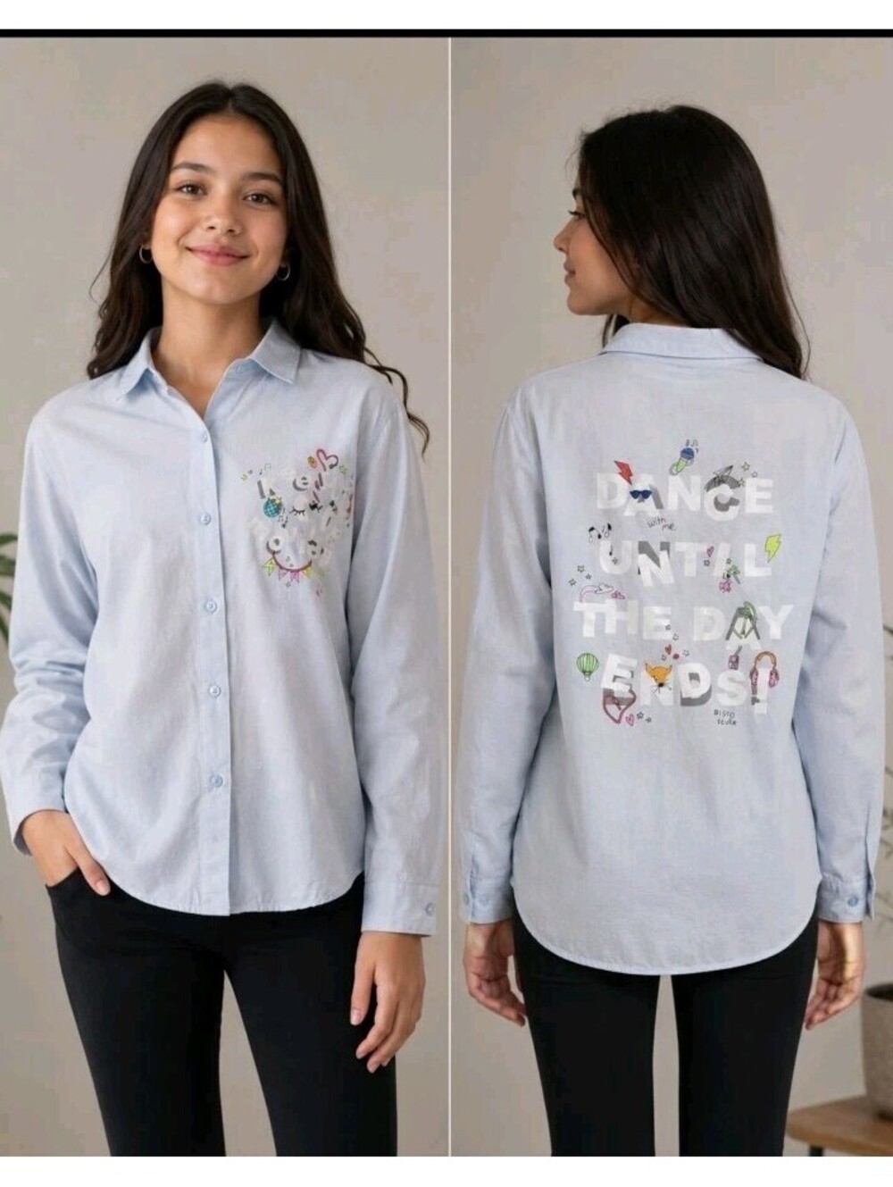 Zara Collection, girl's Top Blouse 13/14 blue  Graphic Button Up Long Sleeve #C